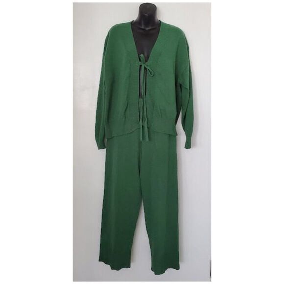 NWT Free People Size S Emerald Knit Set Tie-Front Cardigan Wide-Leg Lounge Boho - Picture 2 of 8